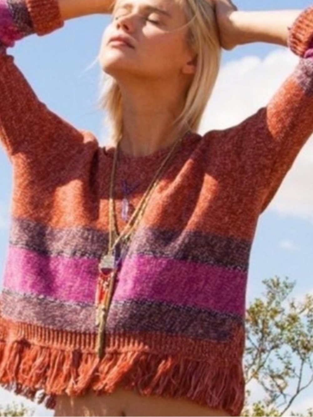 Hollister Rust & Pink Striped Fringe Pullover Hoodie Sweater Small